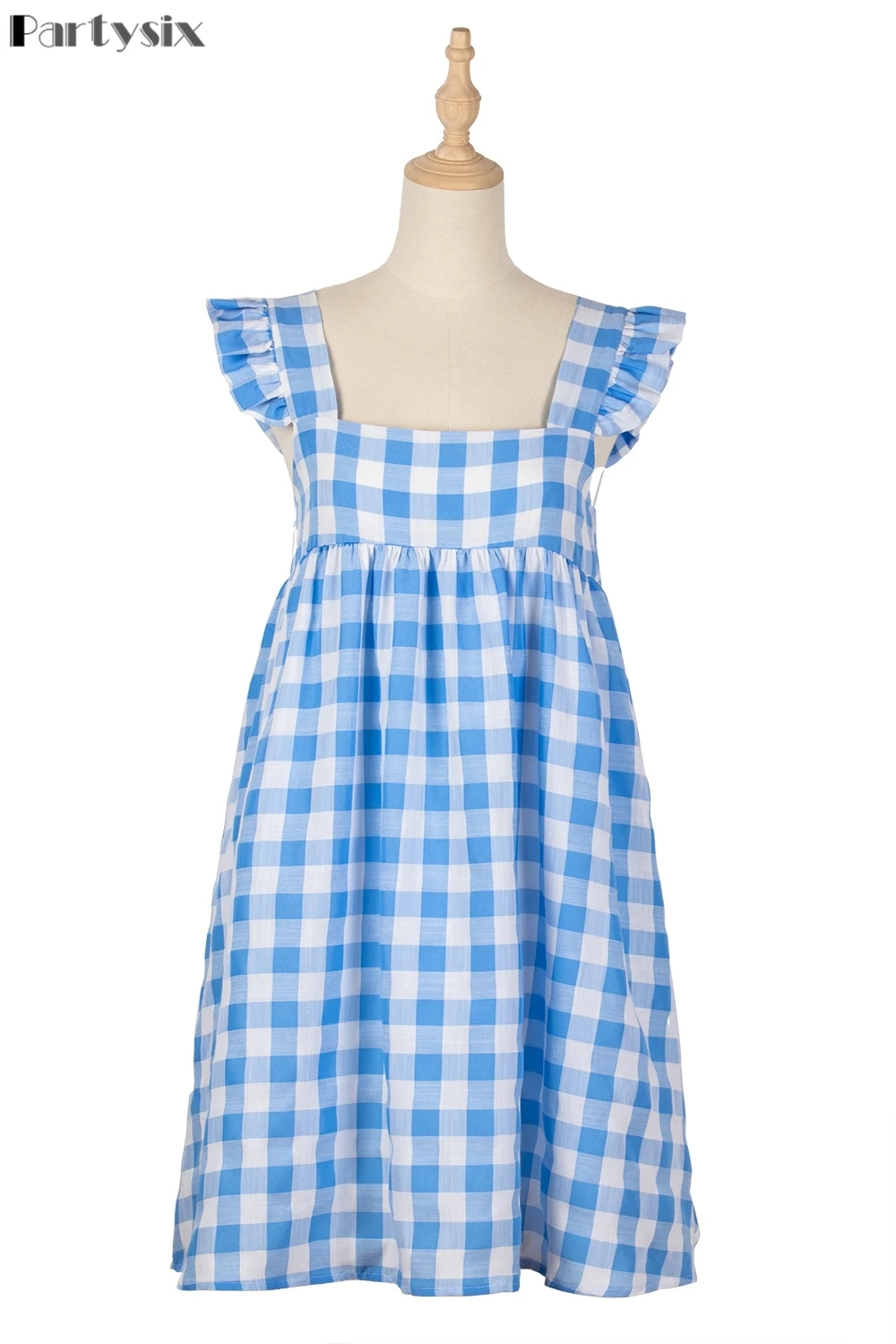 

Partysix 2021 Summer Plaid Women Dress Backless High Waist Sexy Dresses Square Collar Casual Vestidos Boho Beach Blue Sundress