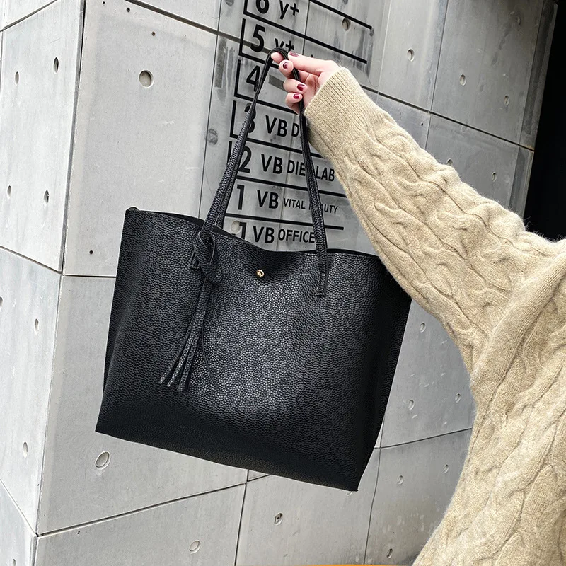 

Cheap New Tote Bag For Women PU Leather Shoulder Bag Large Capacity Handbag Vintage Embossing Lady Handle Bag Big Bag Black