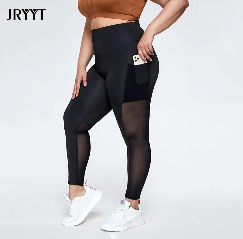 

JRYYT Autumn winter Plus Size Mesh Yoga Pants Women High Waist Spliced Quick Dry Sports Leggings Female Fitness Pockets 2021 4XL