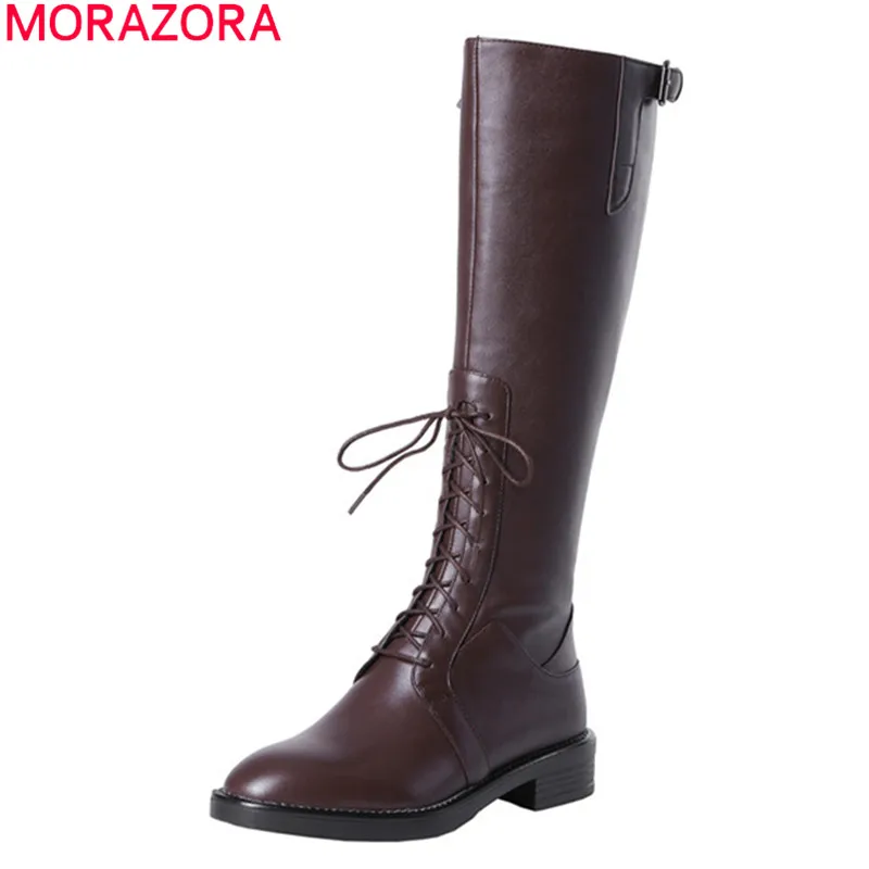 Женские сапоги из натуральной кожи MORAZORA черные однотонные до колена на низком