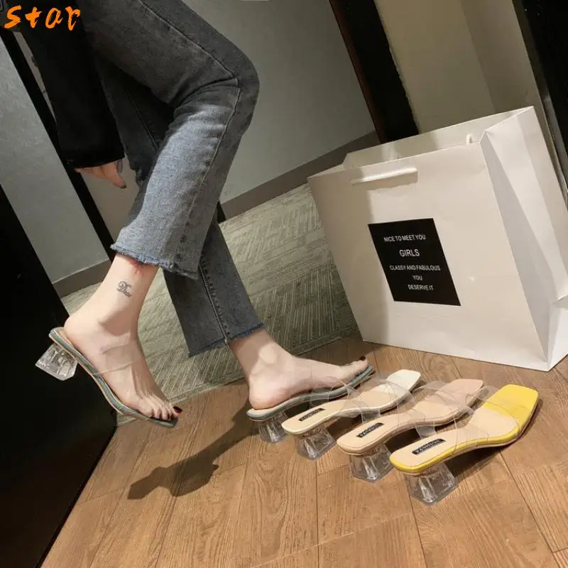 Transparent High Heels Women Square Toe Sandals Summer Shoes Woman Clear High Pumps Wedding Jelly Buty Damskie Heels Slippers