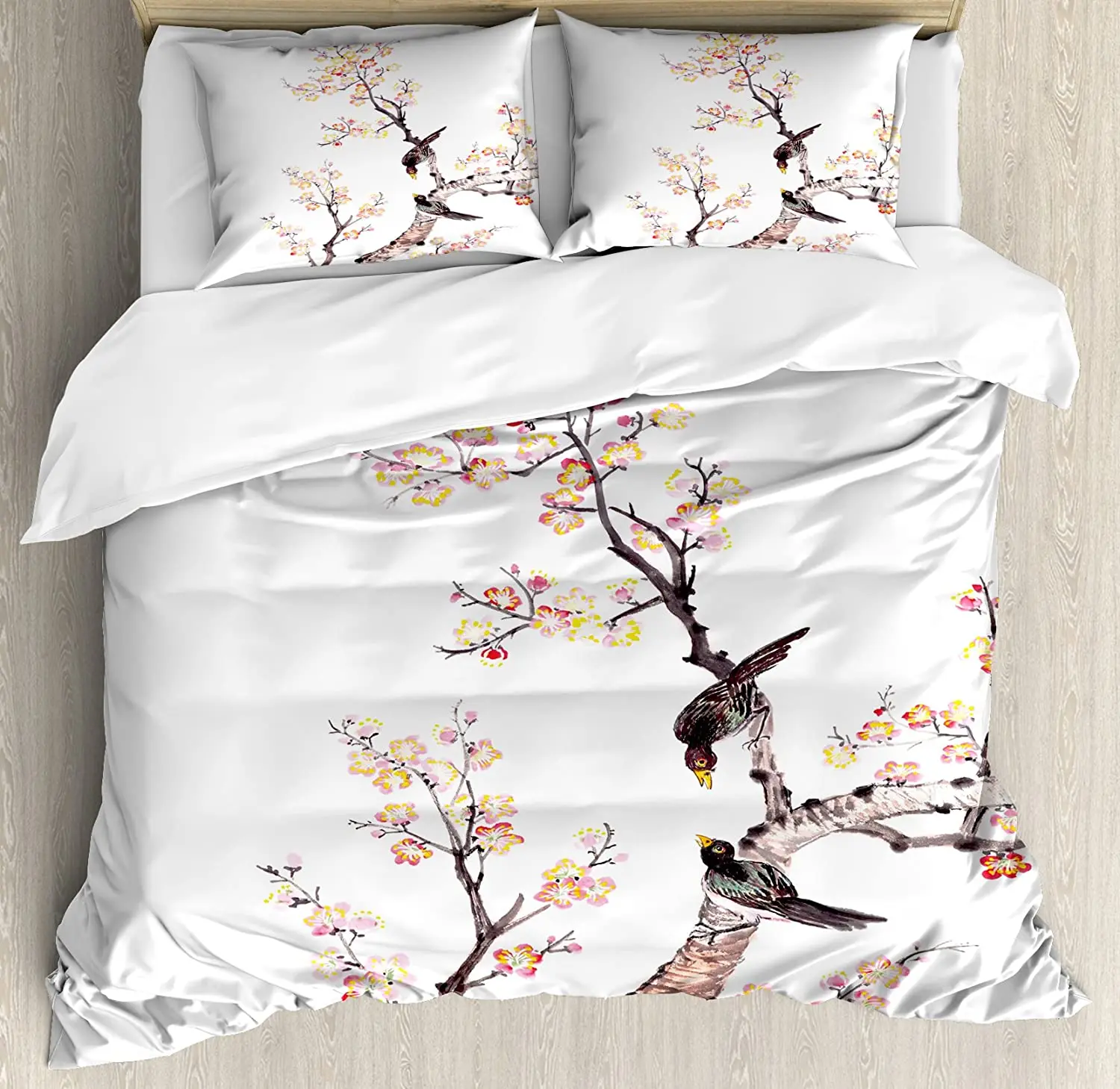 

Art Duvet Cover Set Traditional Chinese Paint of Flowers Plum Blossom Birds on Tree Romance Print Bedding Set for Home