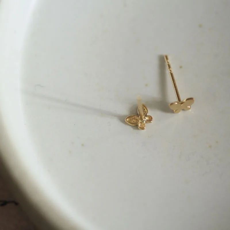 14k твердые золотые серьги бабочки мини Изящные женские Минимальный простой стиль