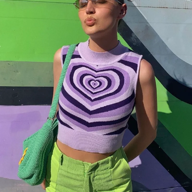 

Heart Striped Sweaters Women Y2K Aesthetics Sweater E-girl Sweet Pullovers Long Sleeve Hot Green Sweater 90s Teens Knitwear