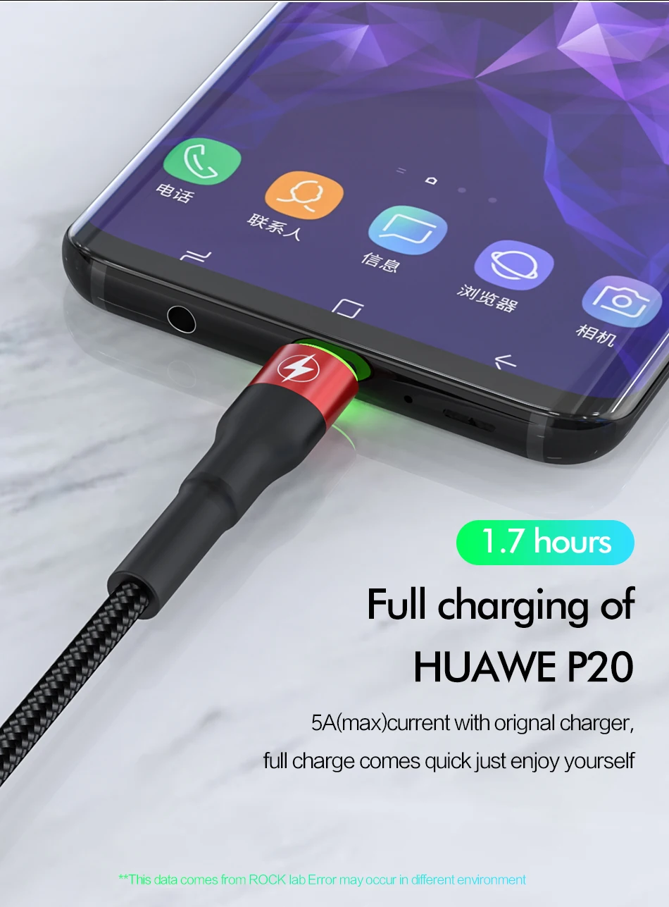 ROCK 5A Metal Led Light USB Type C Cable For Xiaomi Redmi Samsung OnePlus Huawei Mate 20 Pro Fast Charging Data USB C Quick 3.0