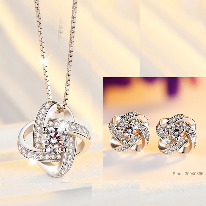 

925 Sterling Silver Jewelry Sets For Women Forever Love Twist Flower Zirconia Knot Necklace+Earrings Wedding Jewelry