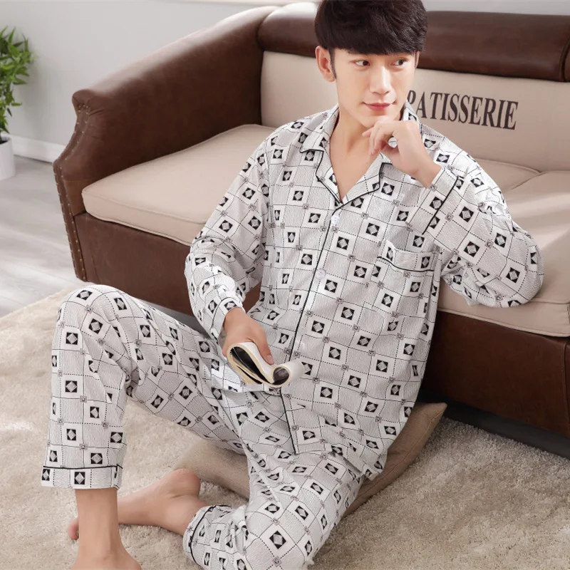 

Men Pyjama Set Cotton Spring Long Sleeve Plaid Men Pajama Suit Spring Nightwear Pijama Male Sleepwear Two Piece XXXL