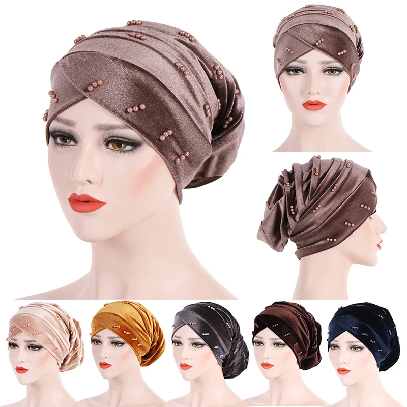 

Мусульманский тюрбан, шарф, индийские аксессуары для волос, Женский бархатный внутренний тюрбан с жемчужинами, хиджаб шапка