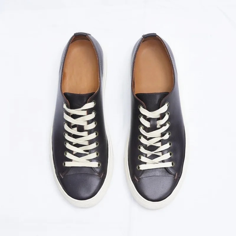 

Vintage Cowhide Mens Casual Flat Shoes Genuine Leather Men Footwear New Lace Up Round Toe Classic Low Cut Board Shoes Sneakers