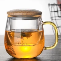 creative glass tea infuser cup with transparent filter handle bamboo lid heat resistant flower teacup office tea mug drinkware