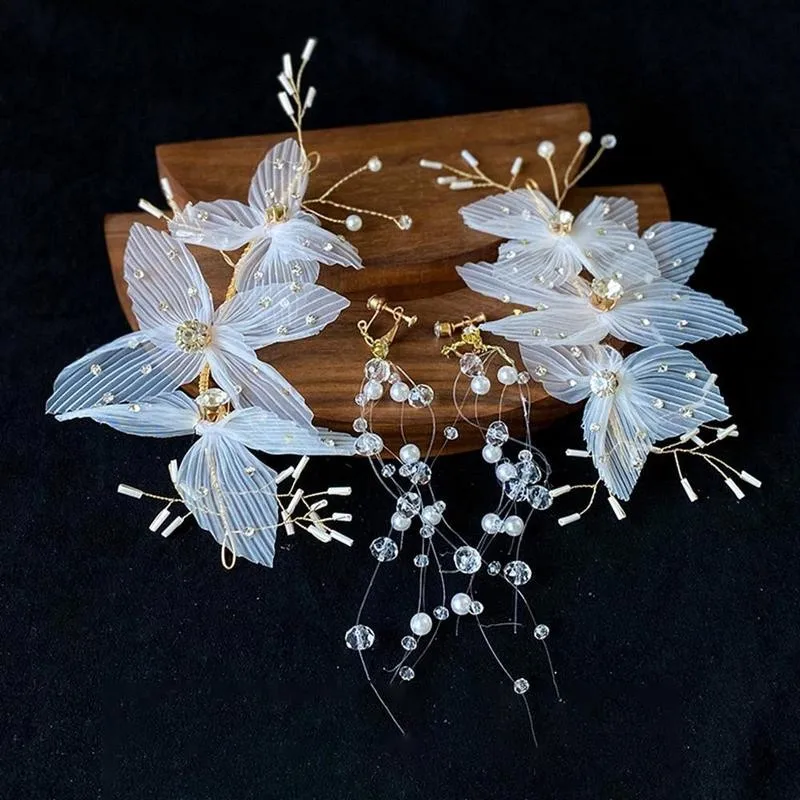 

Elegant Floral Hairclip Pins White Lace Yarn Flower Pearl Hairpin Wedding Tiara Headpieces Women Bridal Hair Accessories