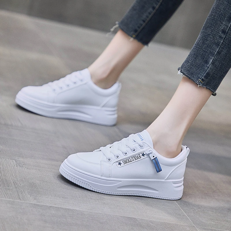 

Lace Up Chunky Sneakers Fashion Spring White Platform Sneakers Women Shoes Korean Thick Sole Leather Women's Vulcanize Shoes