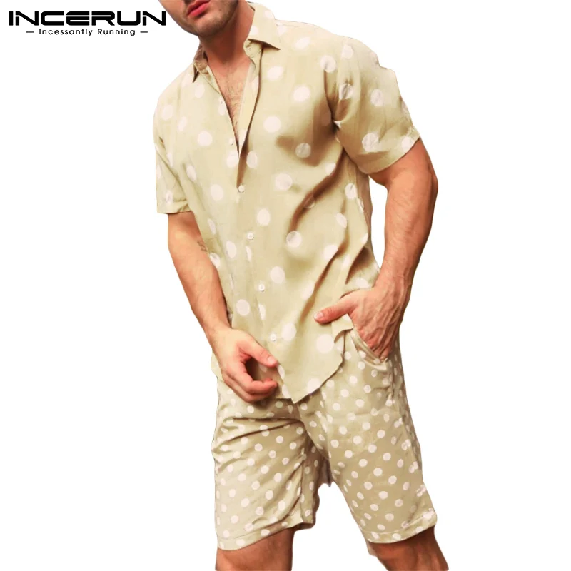

Men Sets Polka Dot Printed 2021 Summer Vacation Lapel Short Sleeve Shirt & Shorts Streetwear Men Hawaiian Suits 2 Pieces INCERUN