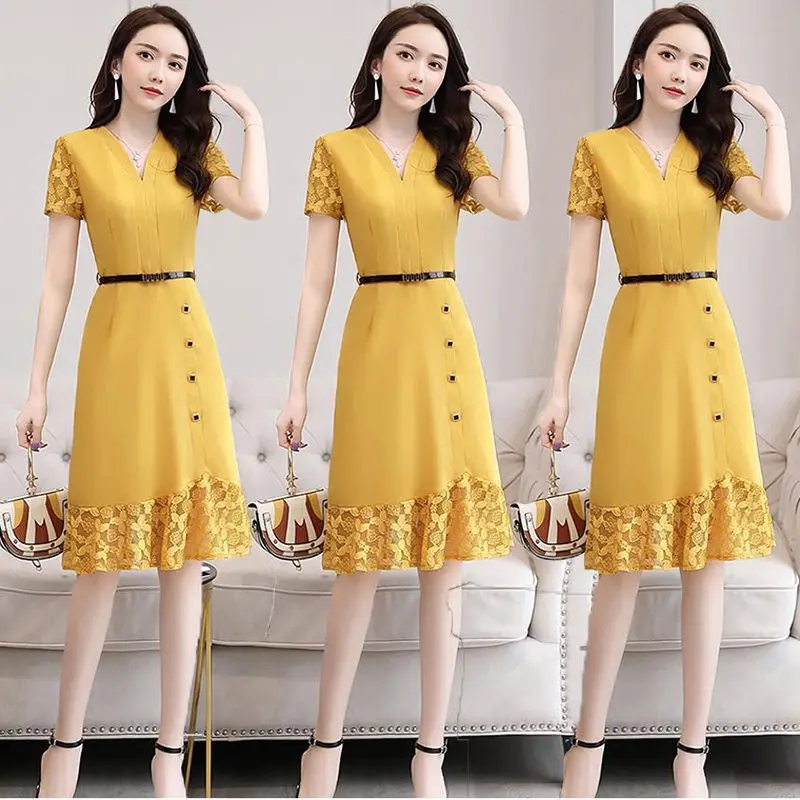 Летние Chiffton с ремешком на застежке V образным вырезом и короткими рукавами до