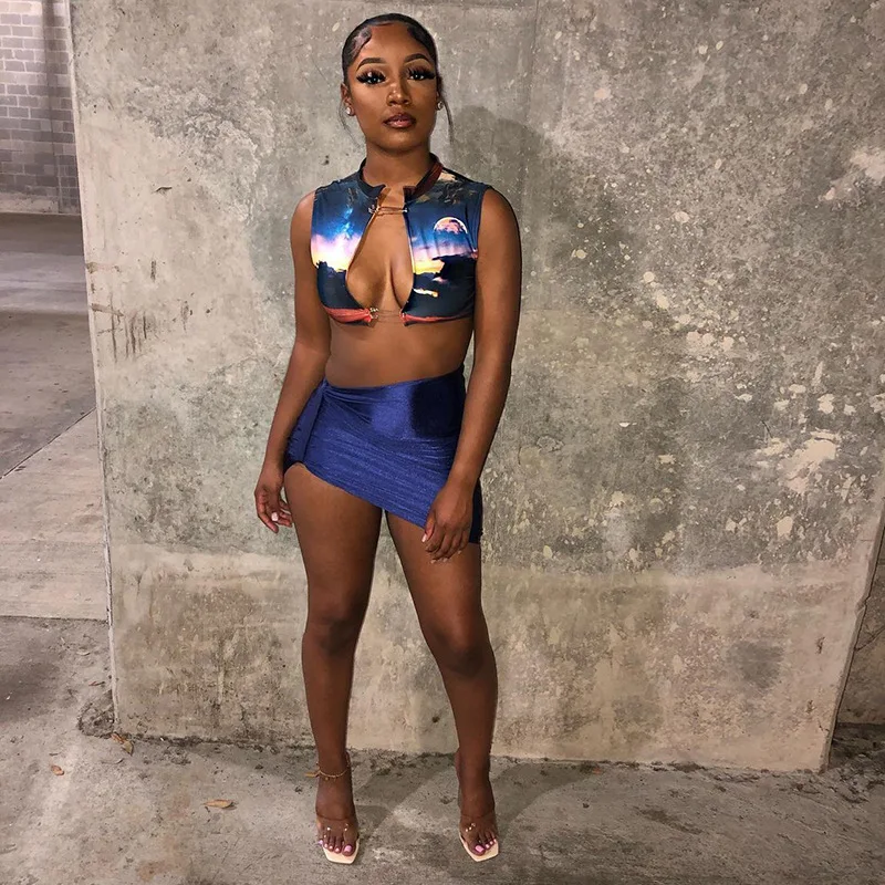 

BIIKPIIK Print Hollow Out Sexy Two Piece Sets Clubwear Tank Top+Skirts Set Bodycon Female Clothing Casual Lounge Wear Party Suit