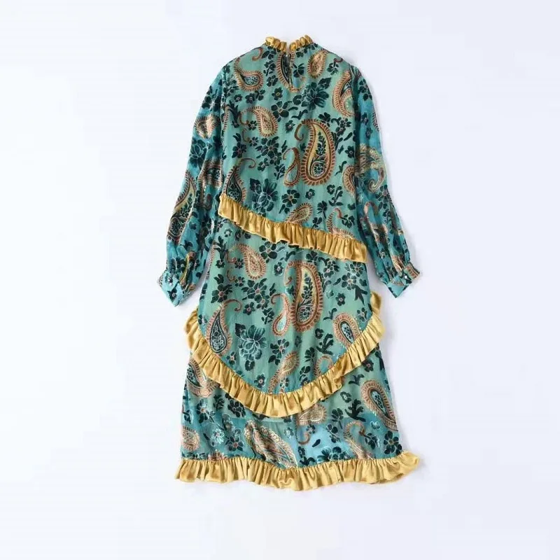 

Velvet 2020 Spring Style Women Ruffled Collar Elegant Flower Patterns Long Sleeve Asymmetrical Party Vintage Dress Green