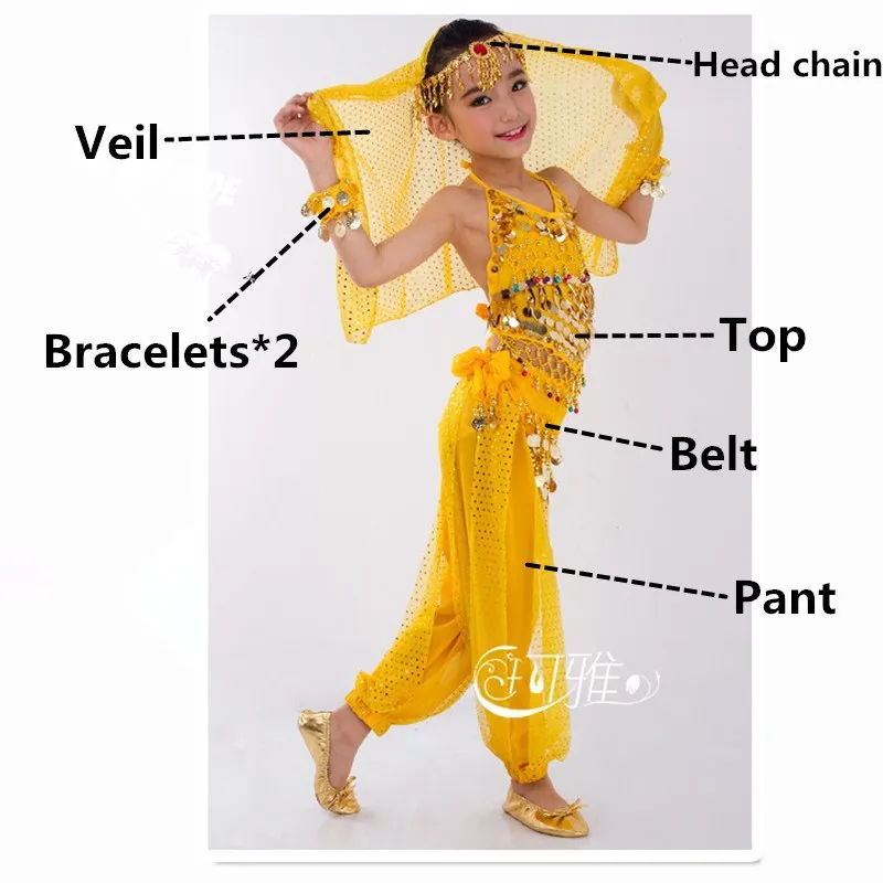 Yellow 7PCS Детский костюм для танца живота, карнавал, Египетский костюм с поясом, детская одежда для индийского танца, одежда для девочек, комплект одежды для танца живота для выступлений в Болливуде - Цвет: Yellow 7PCS