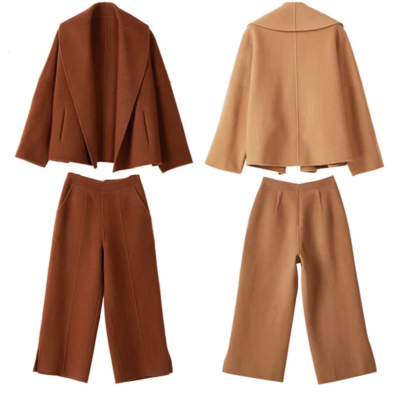 BGTEEVER Autumn Winter Woolen Women Pant Suits Open Stitch Coat &amp Wide Leg Pants OL Style Female 2 Pieces 2019 | Женская одежда