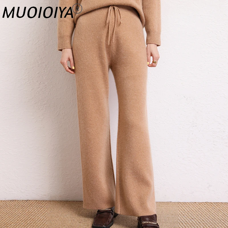 

2022 New Autumn Winter Women 100% Cashmere Pants Soft Comfortable High-Waist Knitted Female Cashmere Thicken Wide Leg Pant
