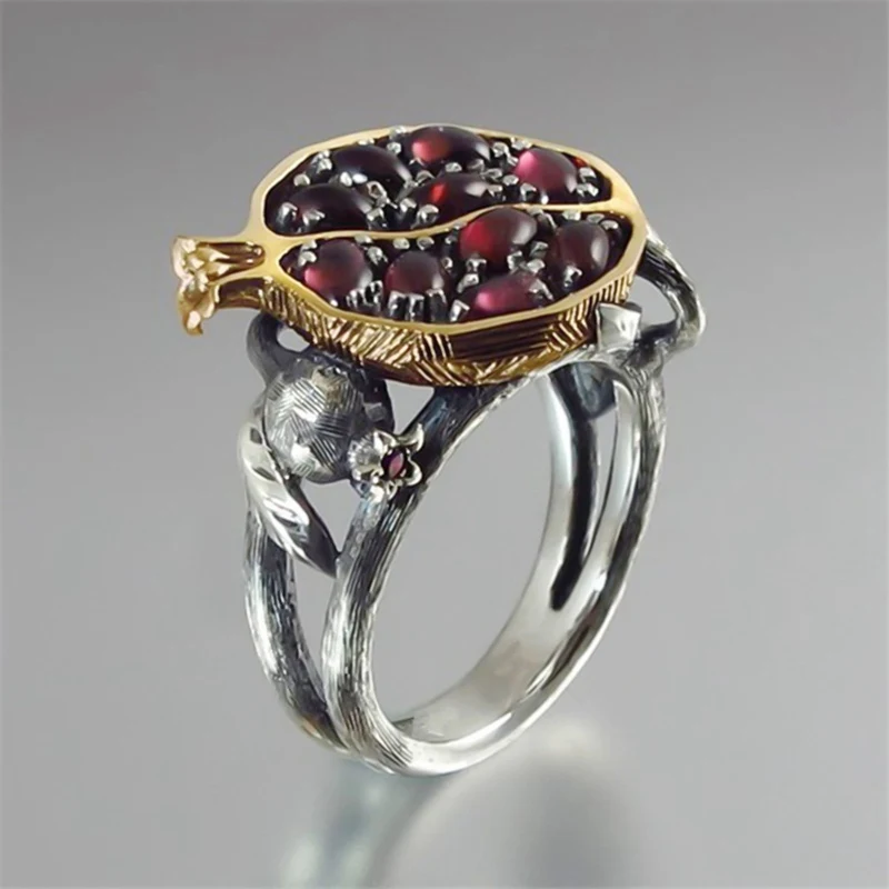 

Vintage Round sweet Color Natural Red Garnet Ring Crystal Rhinestone Stone Leaf Pomegranate Jewelry Rings for Women