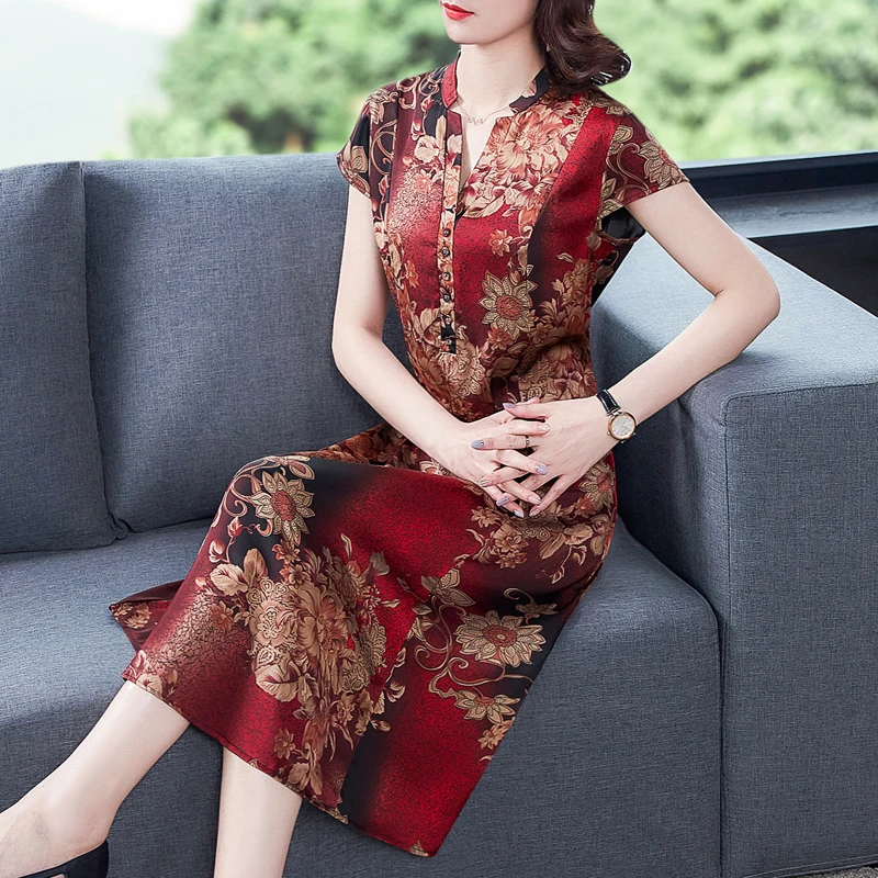 

Summer Vintage Casual Floral Real Silk Midi Dresses 2023 Korean Printed Dress Elegant Women Bodycon Party Evening Vestidos