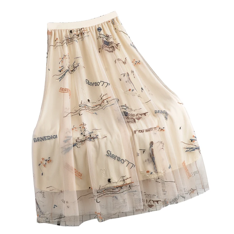 

Autumn Winter Women New High-Waisted Thinlarge-Length Elastic Waist Double-Layer Mesh Letter Embroidery Mid-Length Skirt