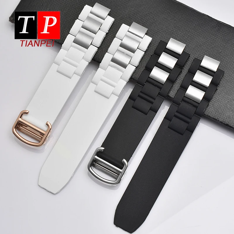 

Fashion Waterproof silicone strap for cartier20*10mm soft watch band comfortable replace black white rubber port bracelet men's