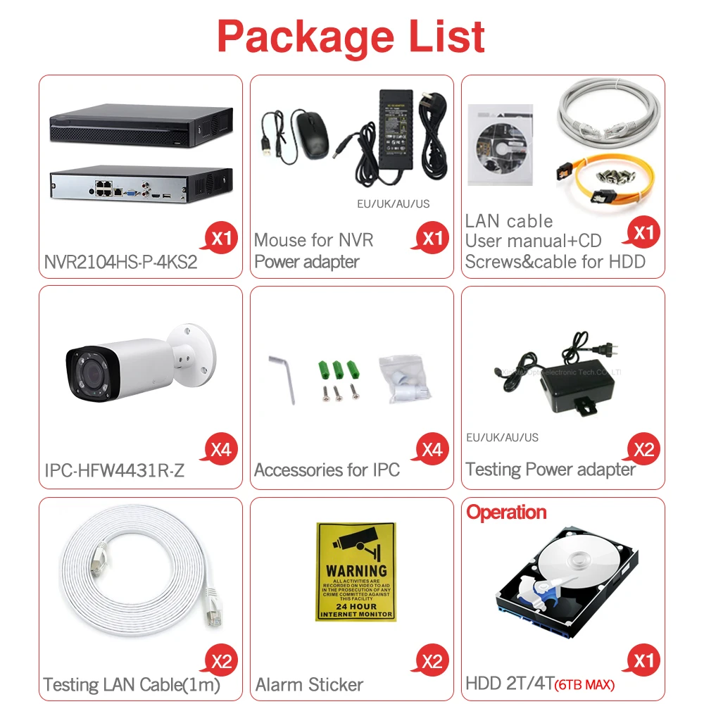 Dahua 4MP 4+2/4 Security CCTV Kits Original NVR NVR2104HS-P-4KS2 2/4PCS IP Camera IPC-HFW4431R-Z Motor Zoom Surveillance System |