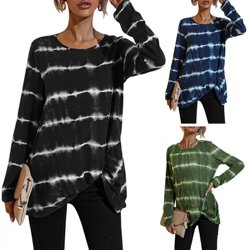 

Autumn Spring Women Long Sleeve T-Shirt Loose Casual Female Round Neck Staining Print Striped Tee Tops