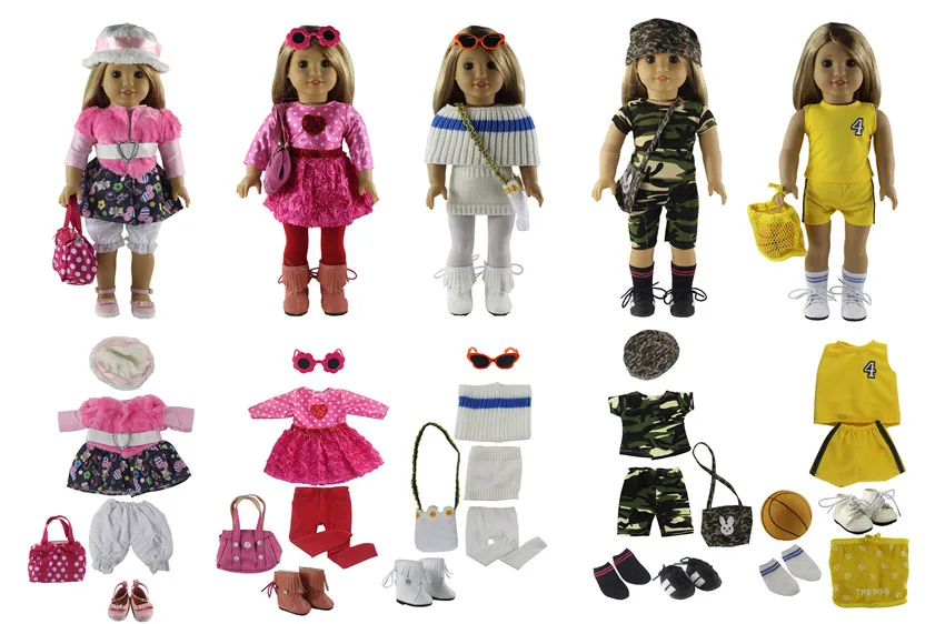 

5 PCS Doll Clothes+2 Pairs Glasses+5 Pairs Shoes+2 Tights+5 Bags+2 Hats for 18'' American Bitty Baby Doll S25