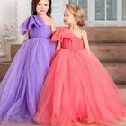 Фиолетовые розовые платья для девочек с цветами, фатиновые пышные платья для первого причастия на одно плечо, детское платье на день рождения с узлом