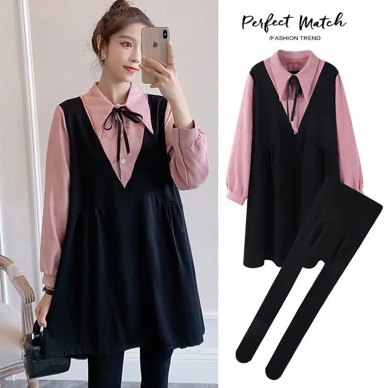 

Autumn Korean Fashion Maternity Shirts Loose Fake Two Piece Splicing Clothes for Pregnant Women Long Sleeve Pregnancy Tops