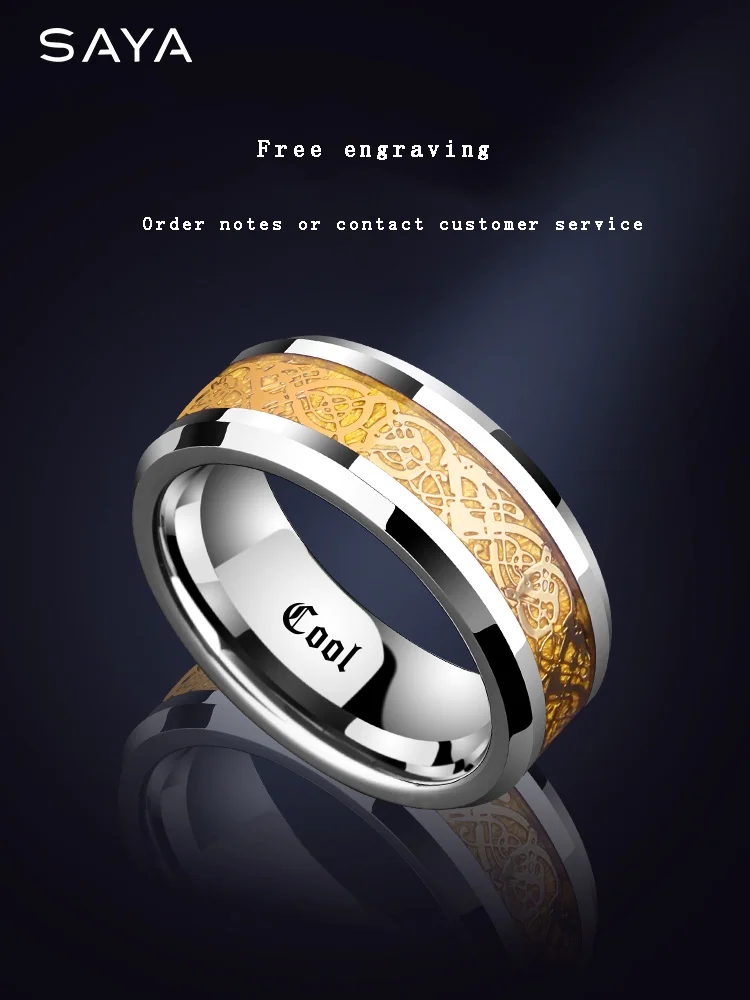 Ring for Men, Tungsten Dragon Pattern Ring, 8mm Width Band High Polished for Wedding, Free Shipping, Customized
