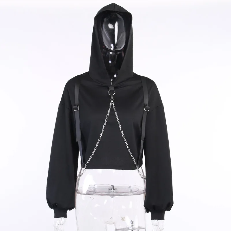 

2021 Harajuku Chain Crop Sweatshirt Short Hoodies Long Sleeve Korean Fashion Pullover Black Casual Gothic Streetwear Sweatshirts