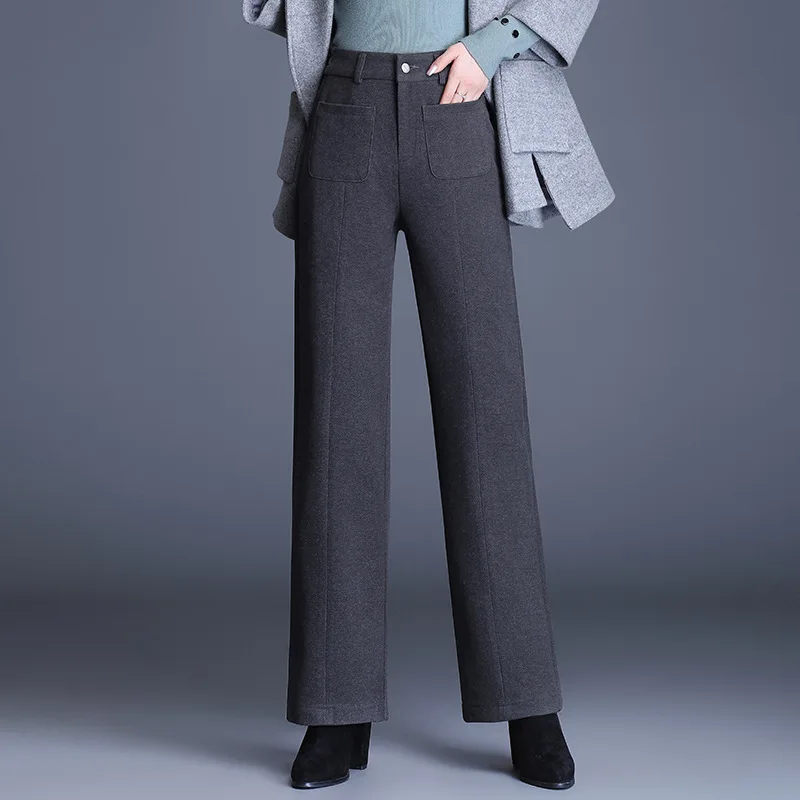 

Women Fashion Elegant Black Wide Leg Pants Winter Clothes Office Lady High Waist Formal Slim Casual Straight Suit Trousers 8917