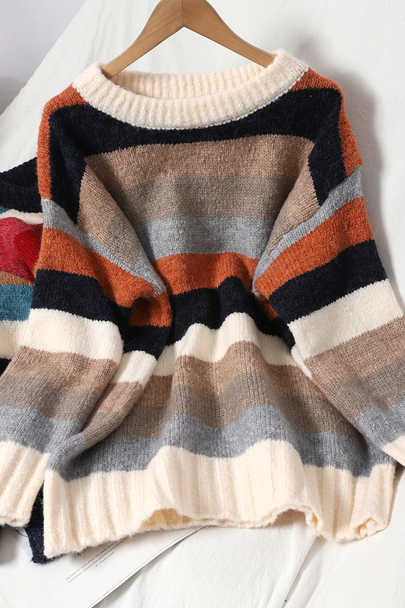 

Color Matching Striped Sweater Women's Winter Wear Round Neck Shows Thin And Sweet Knitted Top