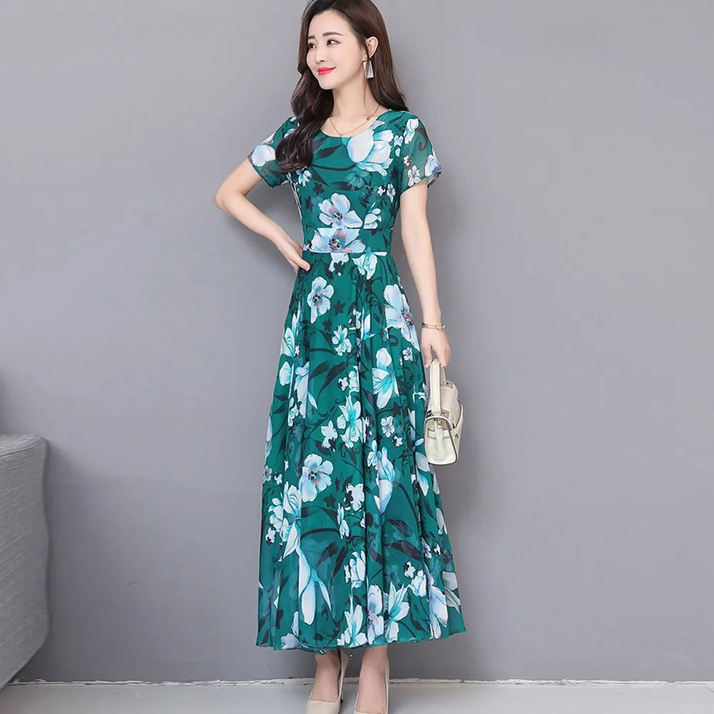 

Mother's Dress Summer Dress New Short-sleeve Women's Korean Loose Fashion Skirt Loose Belted Pleated Maxi Skirts Plus Size 2021