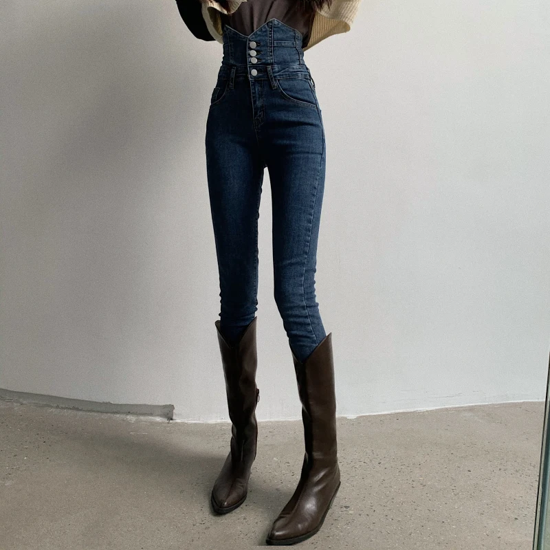 

Fashionable Design High Waist Jeans for Women Autumn and Winter New Retro Slim Fit Slimming Stretch Pencil Pants Tight Trousers