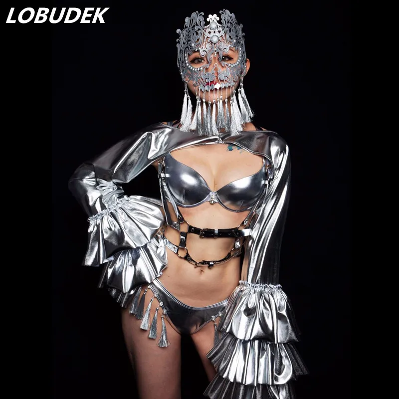 

Сексуальный барный костюм для ночного клуба с серебряными кисточками наряд с бикини танцевальная команда певица сценическая одежда для ре...