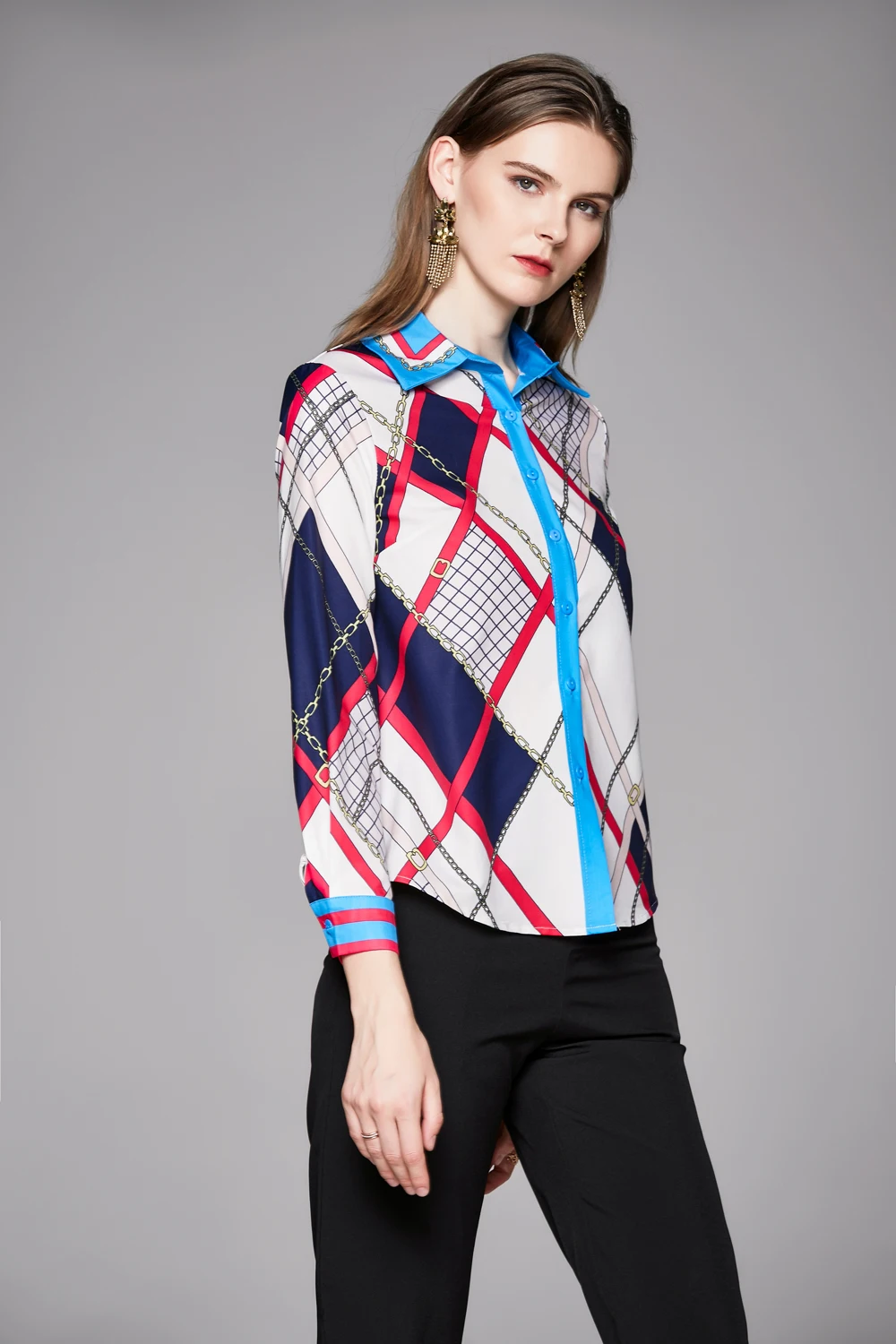 2020 весна лето осень подиум винтажный принт воротник кнопка спереди длинный рукав