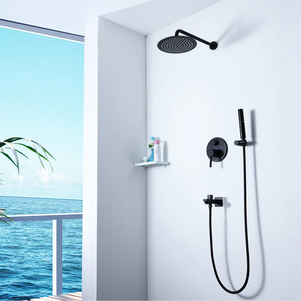 

Brass Black Shower Set Bathroom Faucet Wall Shower Arm Diverter Mixer Handheld Spray Sets With 8-12" Rian Shower Head