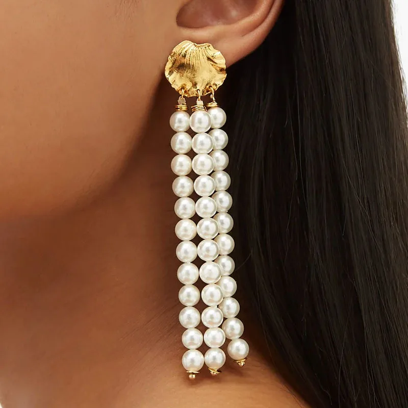 

Exaggerated earrings, pearl tassel earrings, simple and long, Korean temperament individual earrings