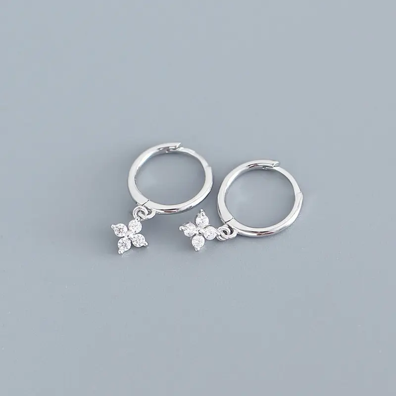 

A00485 New Fashion Genuine 925 Sterling Silver Pave Black White CZ Hanging Flower Ear Buckle for Women Party Earrings