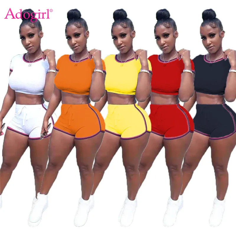 

Спортивный костюм Adogirl женский из хлопка, цветная футболка с коротким рукавом и шорты в стиле пэчворк, повседневный спортивный костюм для фи...