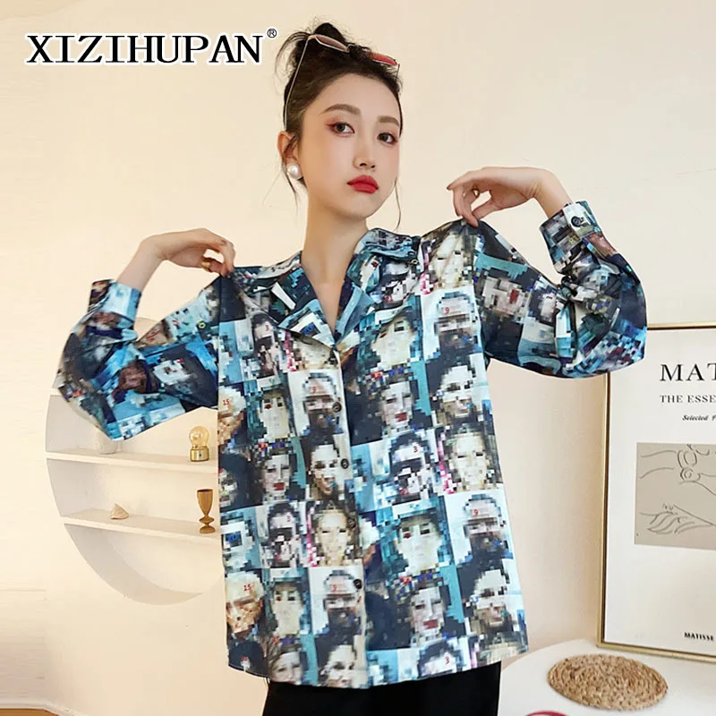 

XIZIHUPAN Casual Print Shirt For Women Lapel Long Sleeve Straight Loose Shirts Female Summer Fashion New Clothing 2021 Style