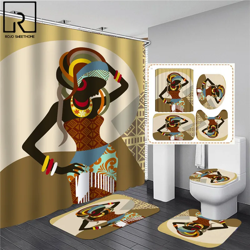 vintage african woman shower curtain set bathroom curtains bath carpet anti slip mats doormats soft toilet rugs home decoration free global shipping