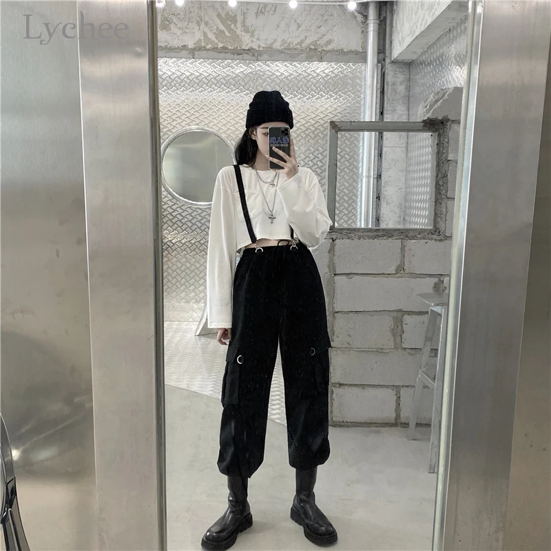 

Lychee Harajuku Black Solid Color Women Cargo Pants Casual Loose Pocket Trousers Lady Autumn Straight Pants