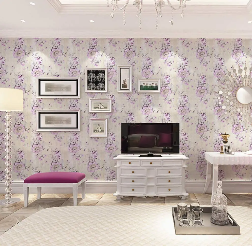

Retro Style Blooming Purple Flowers PVC Self-adhesive Wallpaper Flowers Peel And Paste Wallpaper Functional Cabinet Contact Pape