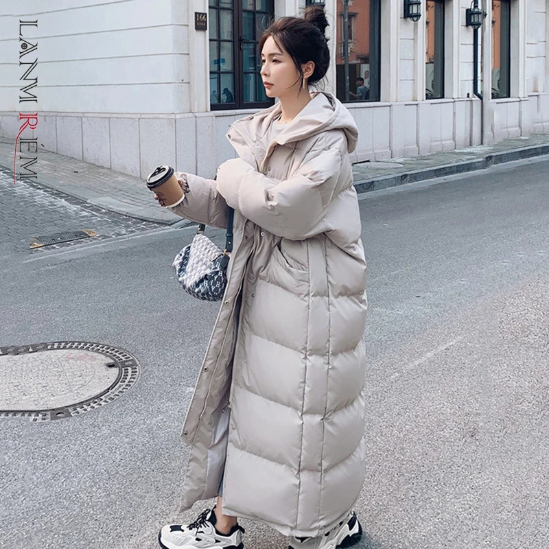 

LANMREM 2021, осенне-зимнее Новое хлопковое пальто, женская Свободная верхняя одежда с длинным рукавом и капюшоном, теплая, женская модная одежда,...