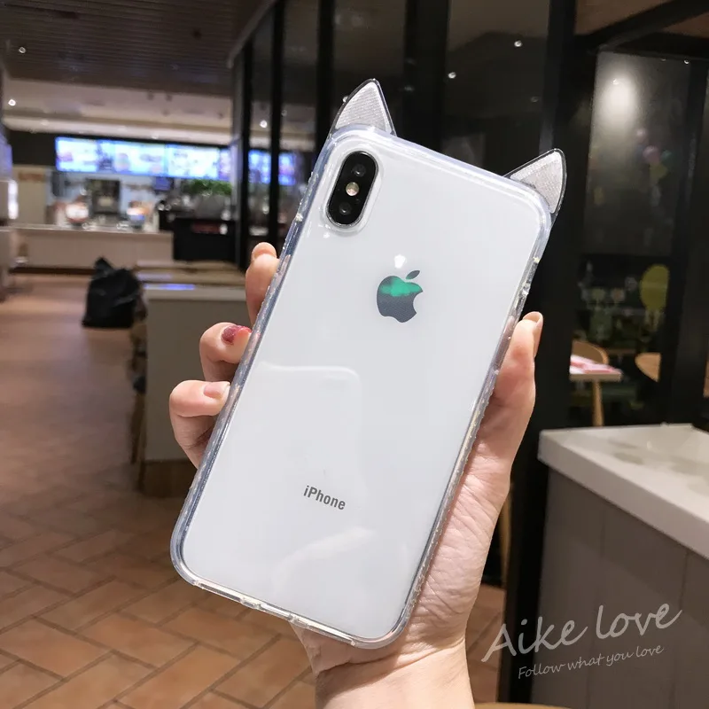 N1986N Телефон чехол для iPhone 6 6s 7 8 Plus X XR XS Max роскошный сверкающий чехол с кристаллами милые кошачьи уши прозрачный мягкий TPU для iPhone X чехол для телефона - Цвет: clear